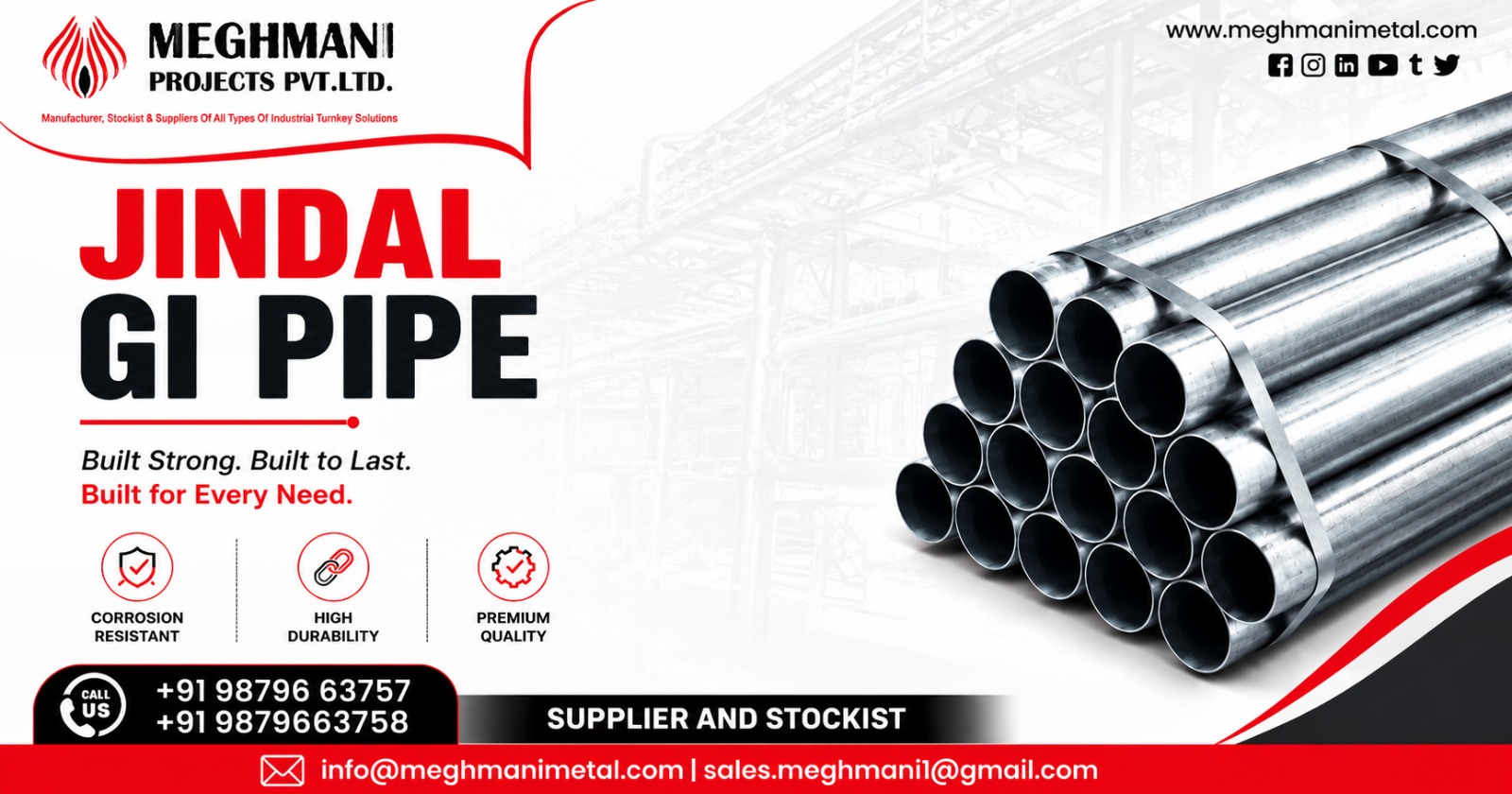 Jindal GI Pipe in Madhya Pradesh by Meghmani Projects Pvt. Ltd.